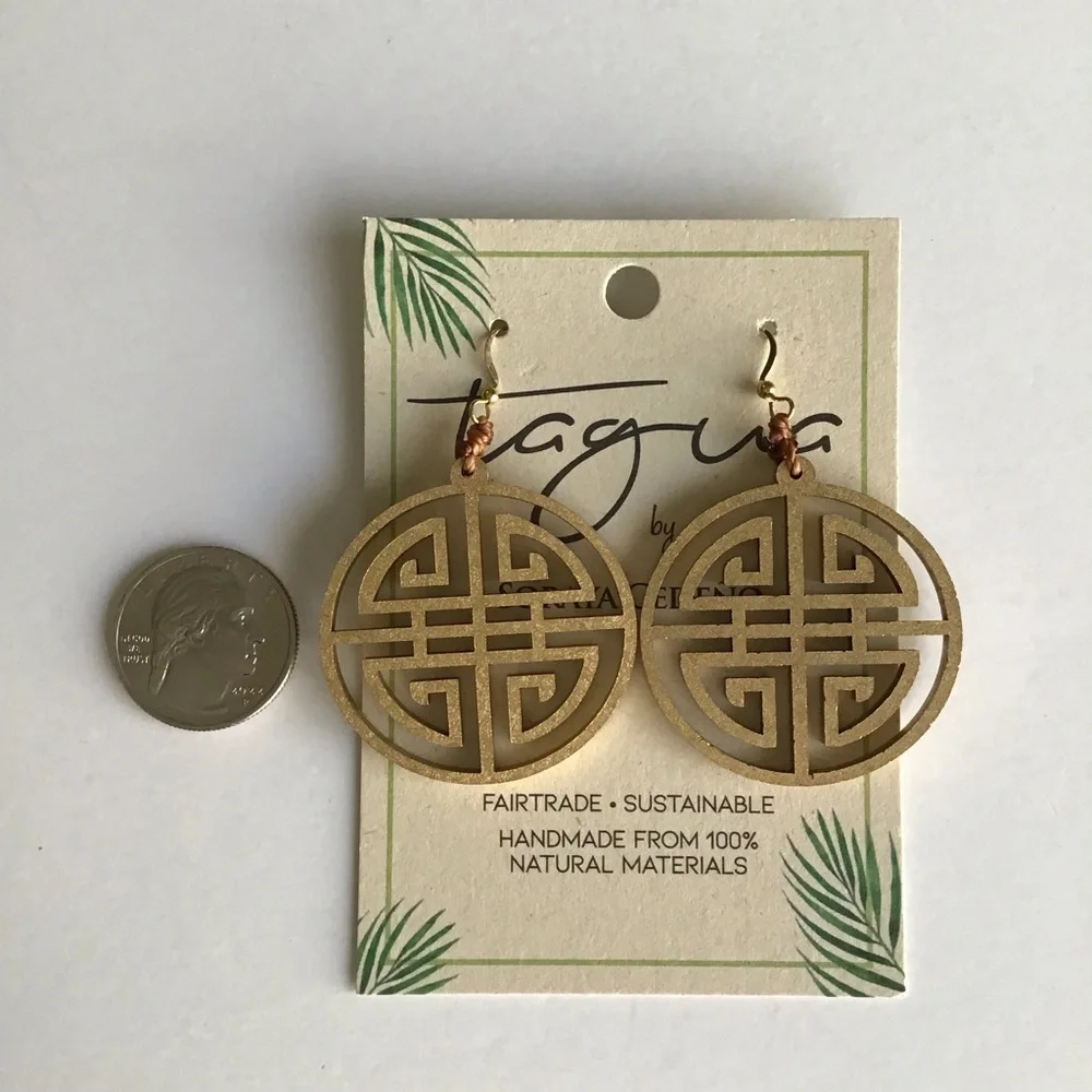 NEW Medallion Earrings Asian-Style Matte Gold Open Work Tagua Nut Lightweight - Picture 8 of 15